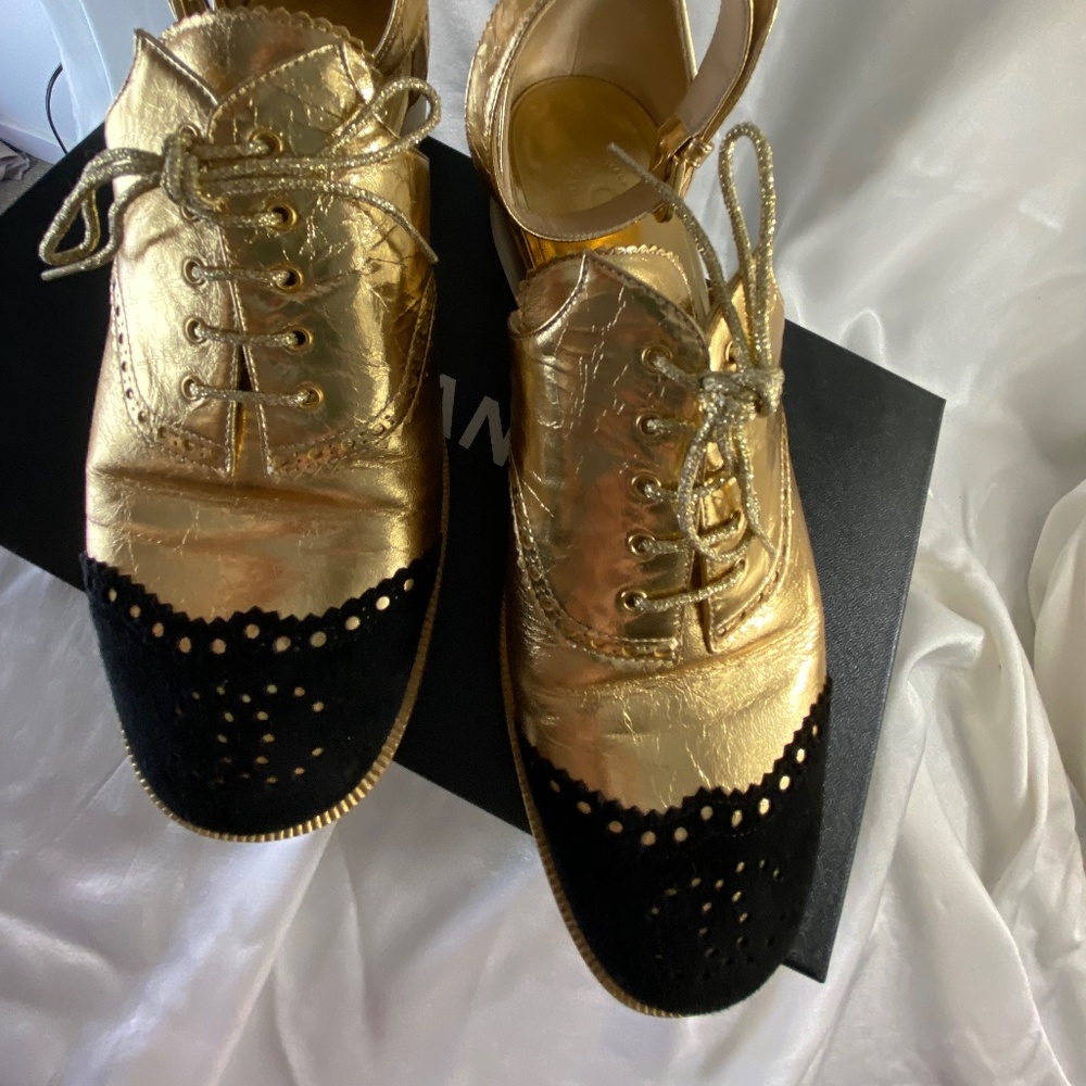 Chanel 2015 Runway |Gold Ankle Strap Oxfords Black Suede Toe Cap